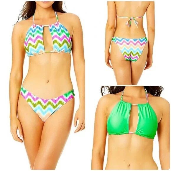 Hurley Zig Zag Halter Bikini Set Size Large Reversible Cheeky Green Neon NEW - Picture 1 of 13
